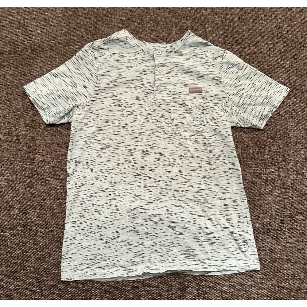 Skechers Mens Small Henley Shirt Space Dye Short Sleeve Pocket Blue Grey